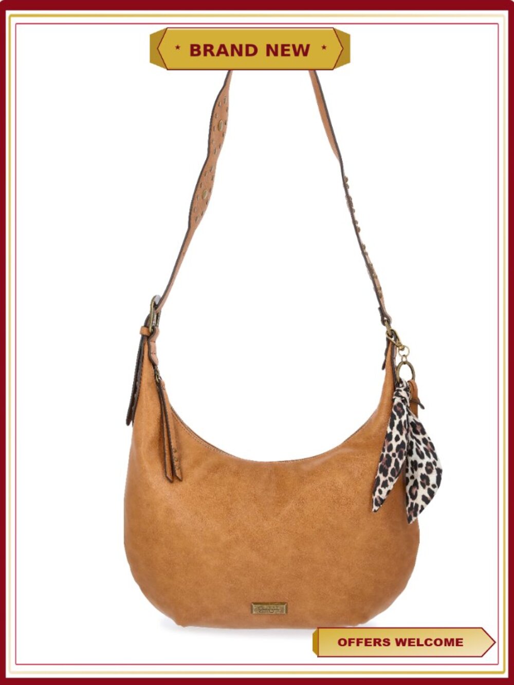Faux Leather Hobo Handbag with Studded Adjustable Strap